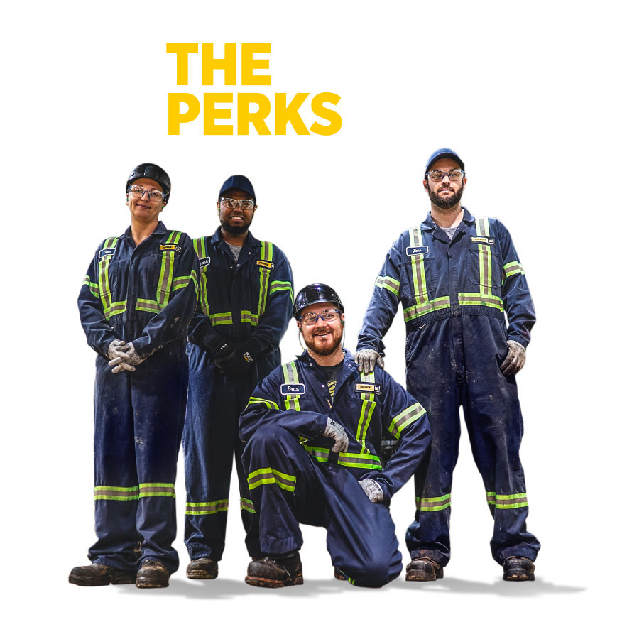 Four people wearing jumpsuit