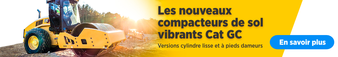 Les nouveaux compacteurs de sol vibrants Cat GC. Versions cylindre lisse et a pieds dameurs.  En savoir plus