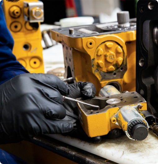 Technician wearing black gloves working on a yellow hydraulic component at a workstation, using a precision tool to adjust or clean small parts